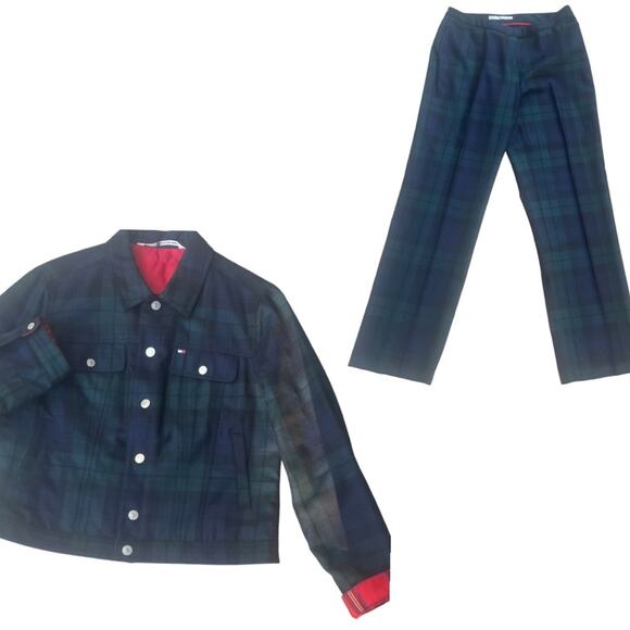 Vtg Tommy Hilfiger Wool Plaid Jacket Pant Coord Set M/L Country Club Equestrian - Picture 1 of 14
